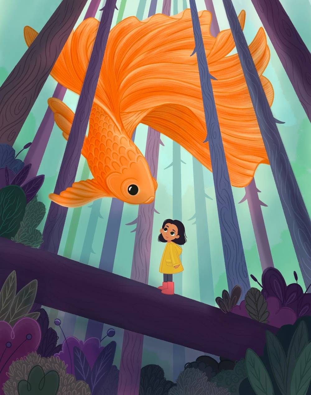 Digital Illustration featuring characte interacting with large beta fish